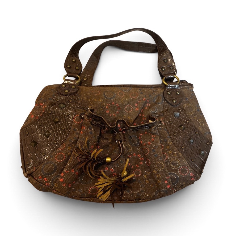 Lancaster Hobo Bag Large Brown Canvas Logo Print Studded Croc Trim Y2K Boho